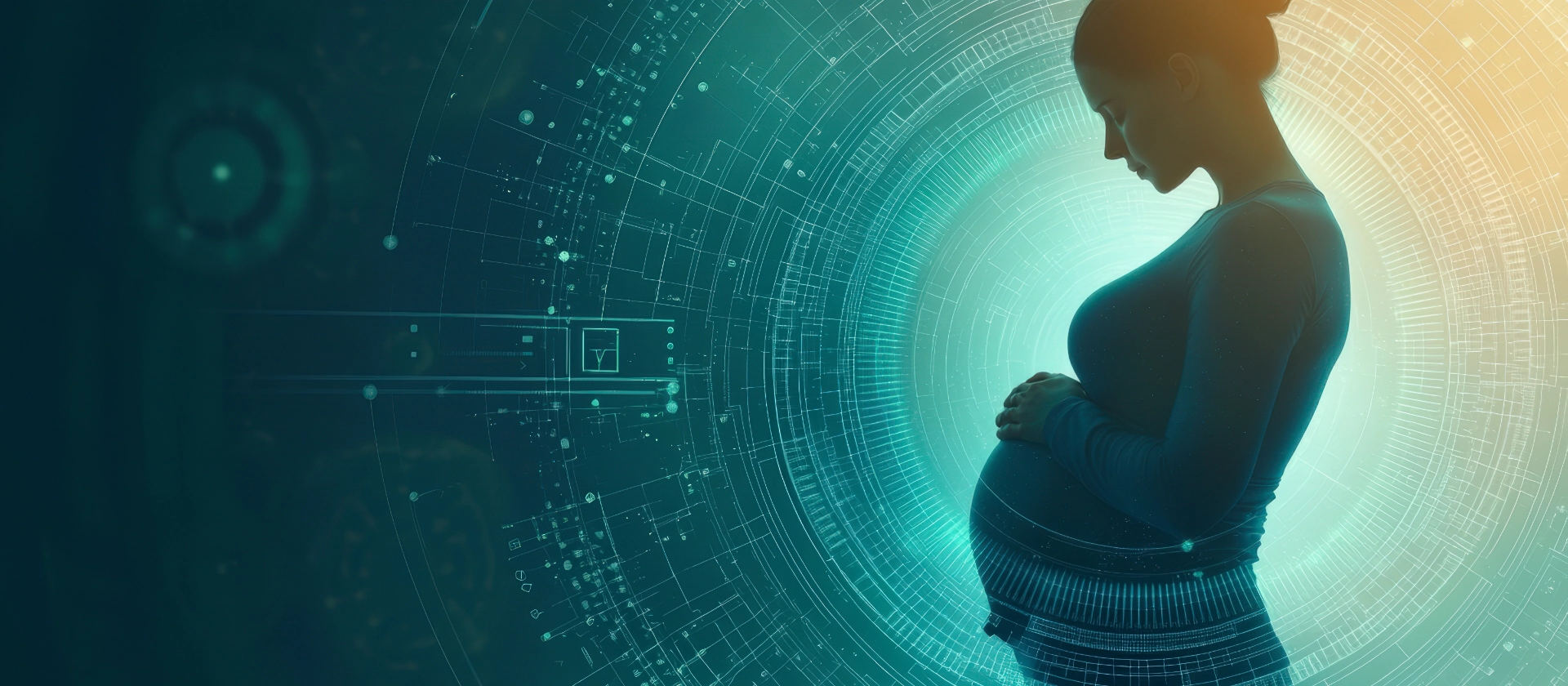 Eine Silhouette einer schwangeren Frau steht vor einem futuristischen, digitalen Hintergrund und symbolisiert die Schnittstelle von Technologie und menschlicher Lebensschöpfung.