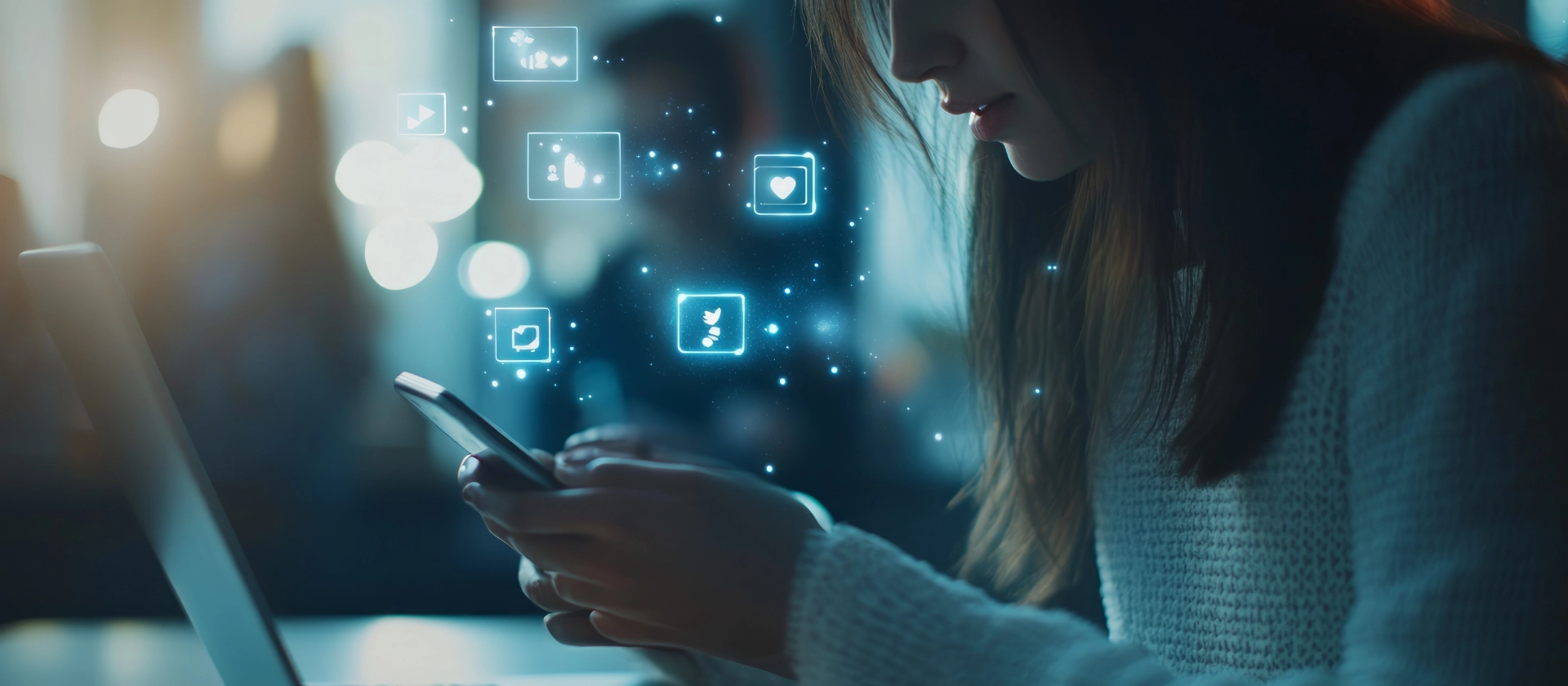 Frau, die ein Smartphone mit Social-Media-Symbolen benutzt.