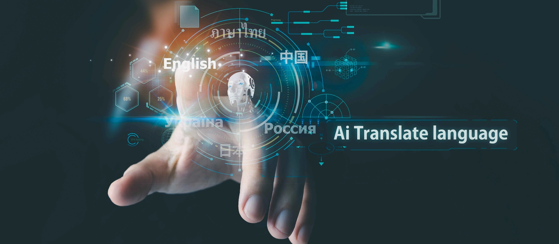 Einzelpersonen nutzen das Internet und fortschrittliche holografische Grafiken und KI-Technologie für eine reibungslose Übersetzung.