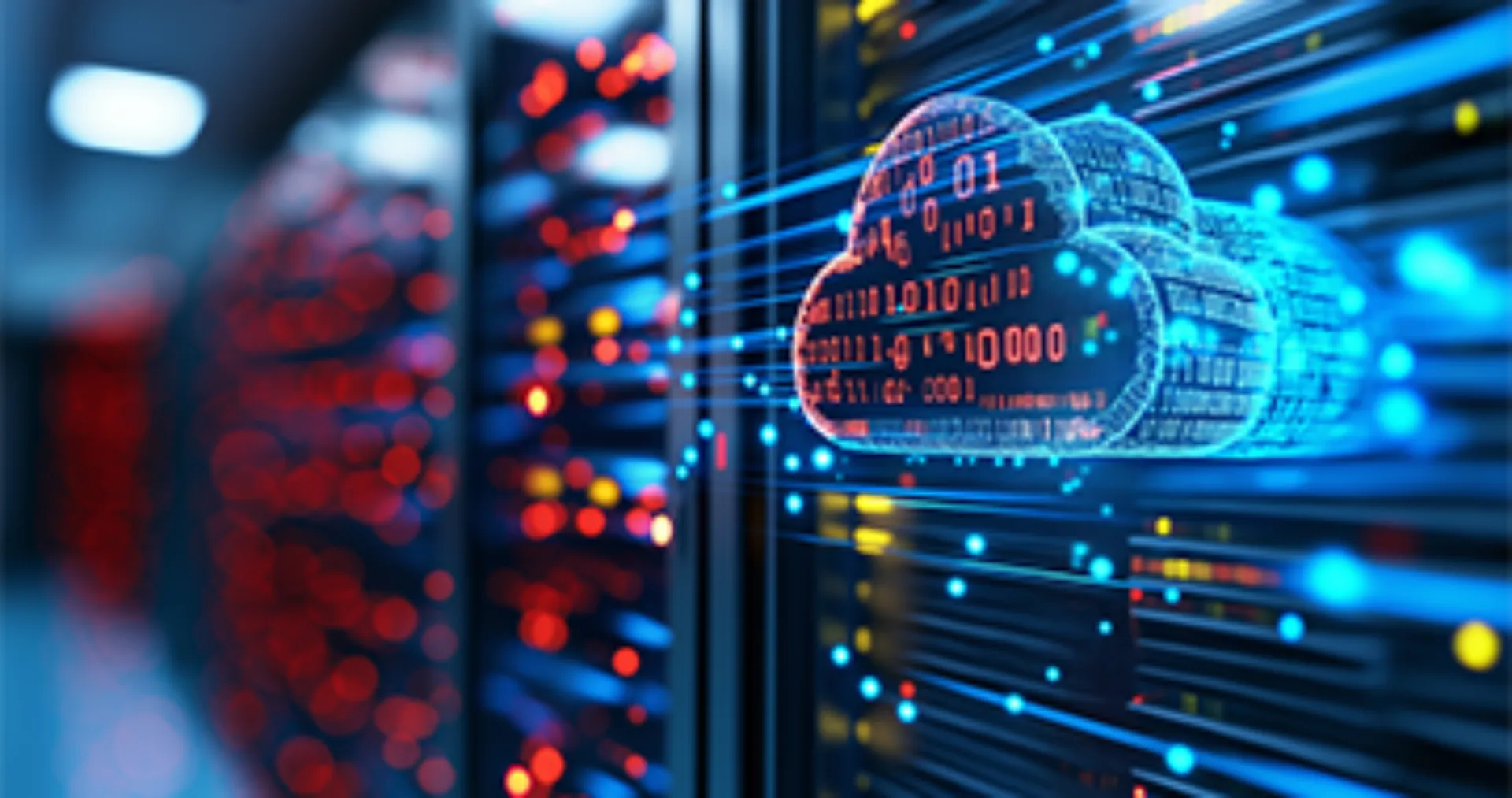  Cloud-Symbol mit Binärcode vor Servern – steht für Cloud-Computing und Datentransfer.