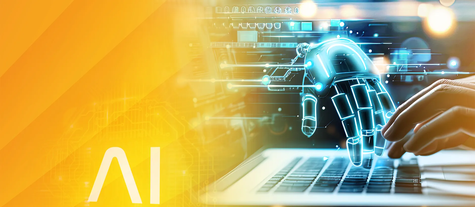 Menschliche und holographische Roboterhand tippen gemeinsam auf einer Laptop-Tastatur, mit „AI“-Schriftzug und digitalem Hintergrund.